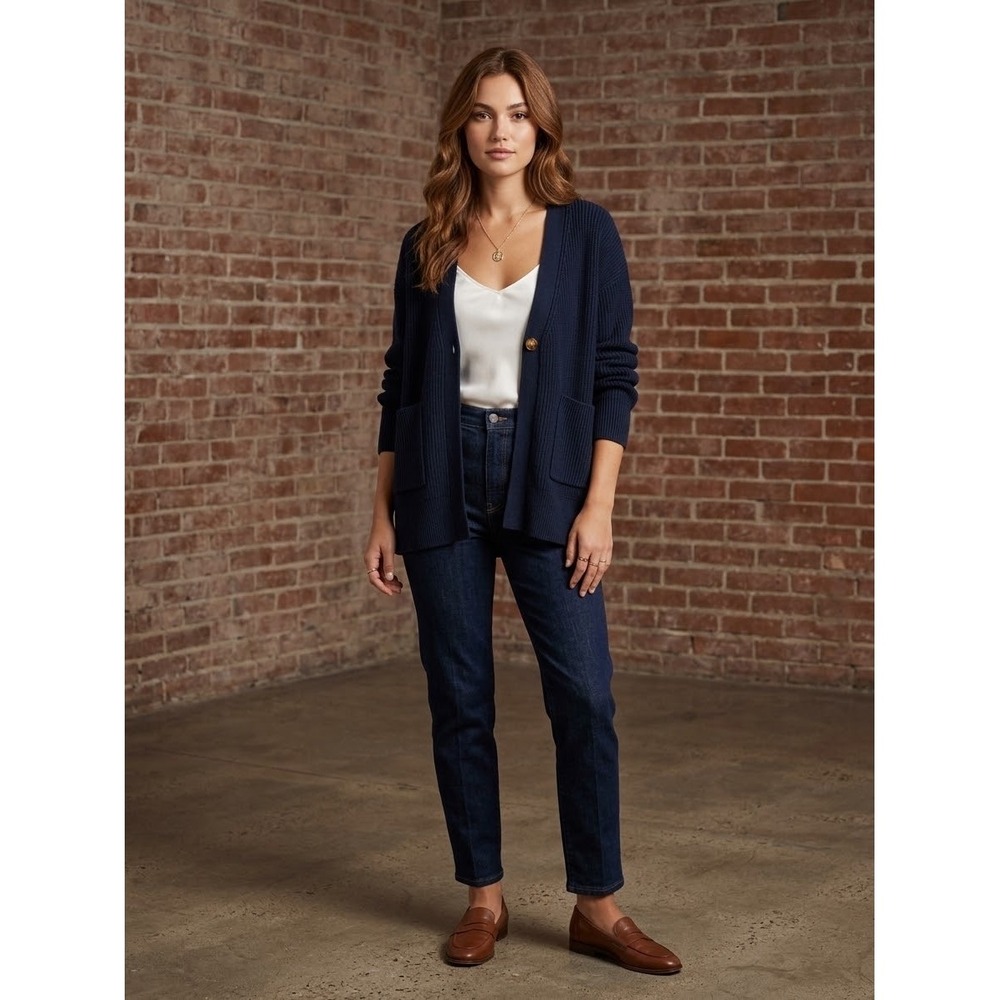 Truth by Republic Navy Blue Ribbed V-Neck Cardigan Sweater Small Single Button
